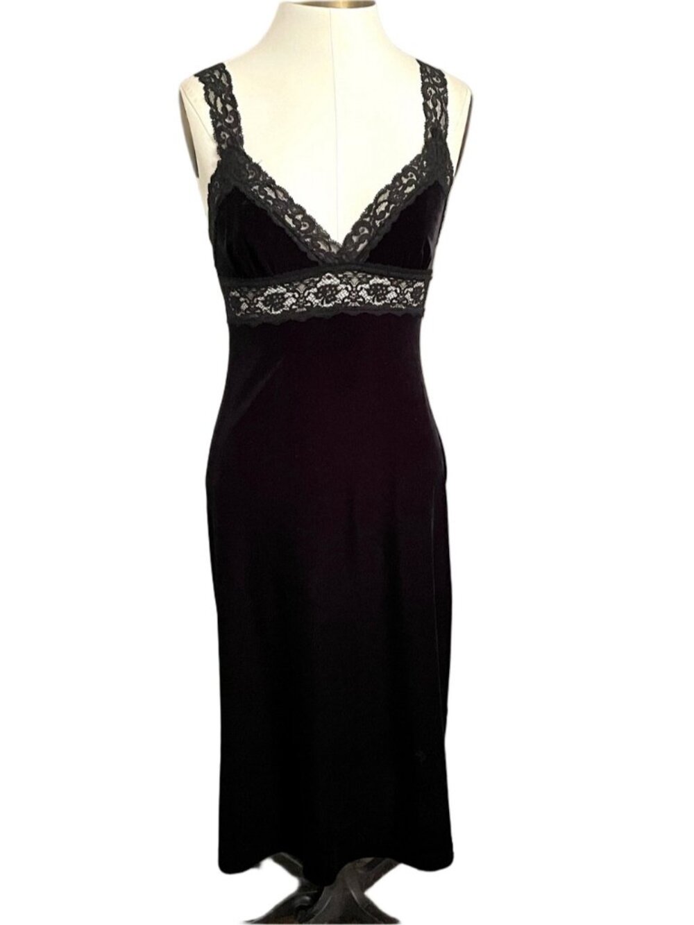 Vintage Betsey Johnson Black Velvet Lace Trim Slip Midi Dress - Small ๐บ๐ธ - Picture 2 of 10